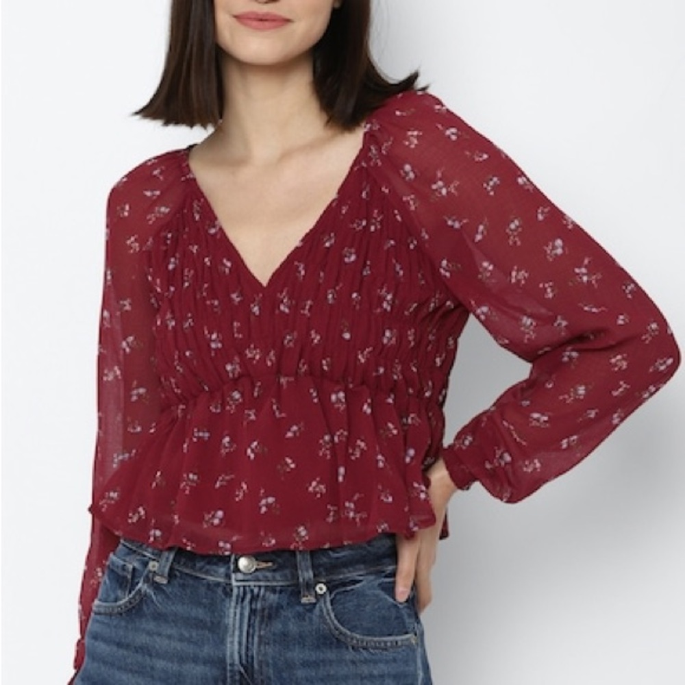 American Eagle Outfitters Red Smocked Long Sleeve Blouse